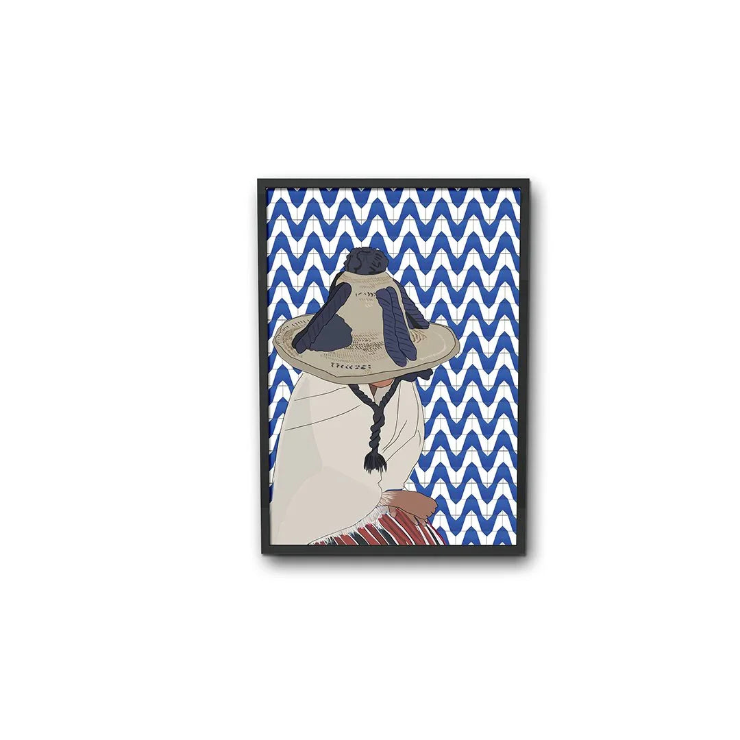 Moroccan woman illustration in traditional attire and hat, blue zigzag background, ethnik style