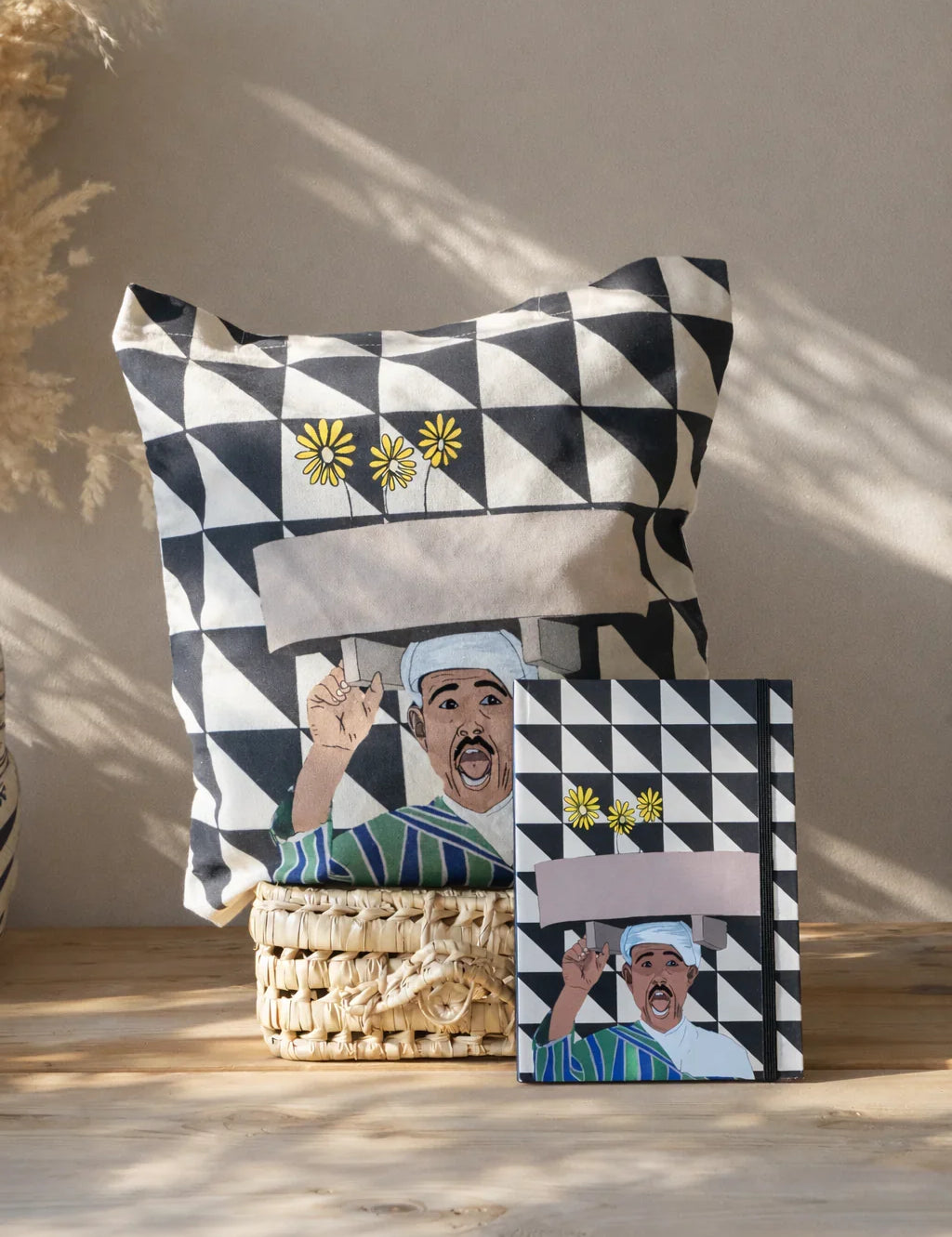 ethnik Morocco pillow and notebook with geometric pattern and illustrated man in traditional attire