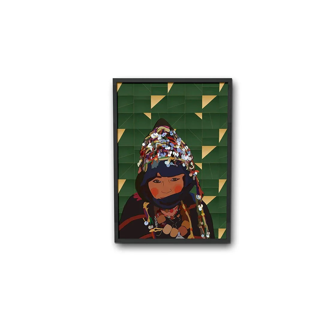 Framed illustration of Moroccan woman in traditional attire with colorful headdress, green geometric background, ethnik stationery & accessories art print.