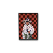 Moroccan illustration of a woman in traditional attire with hat, on red checkered background, ethnik