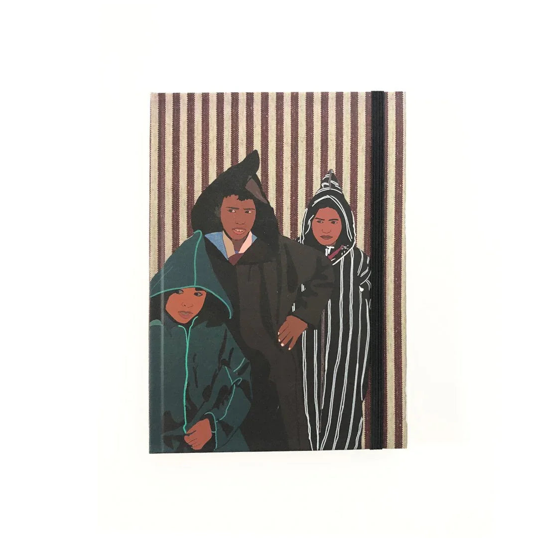 Ethnik Moroccan notebook featuring illustration of three children in traditional hooded clothes