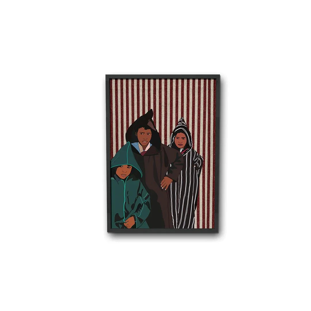 Ethnik art print with three people in Moroccan hooded attire, striped background, wall decor