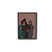 Ethnik art print with three people in Moroccan hooded attire, striped background, wall decor