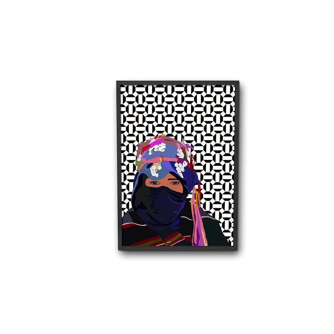 Moroccan-inspired art print of a veiled woman in colorful headscarf with geometric background