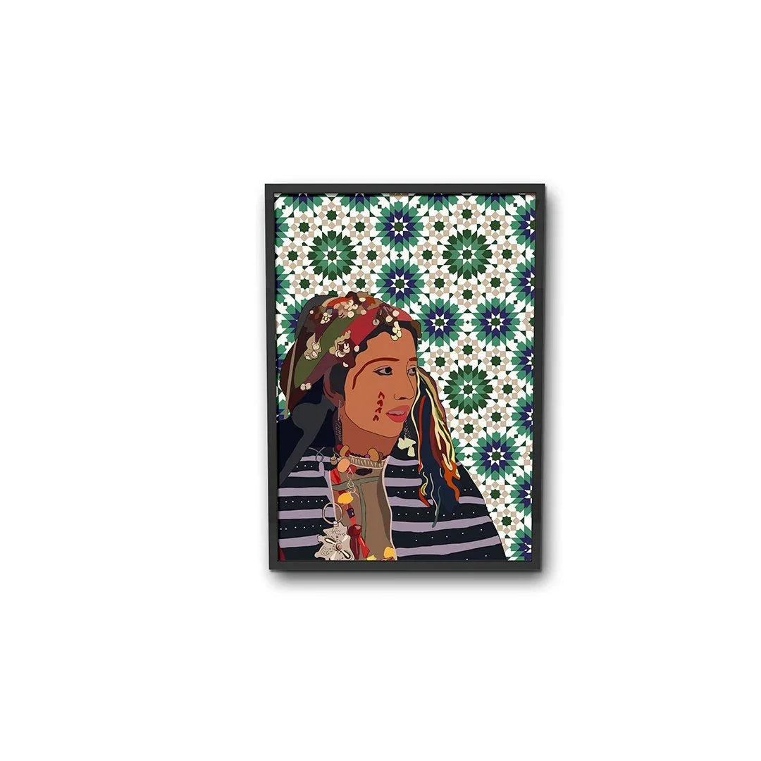 Moroccan woman illustration with traditional jewelry, ethnic headscarf, and geometric mosaic background