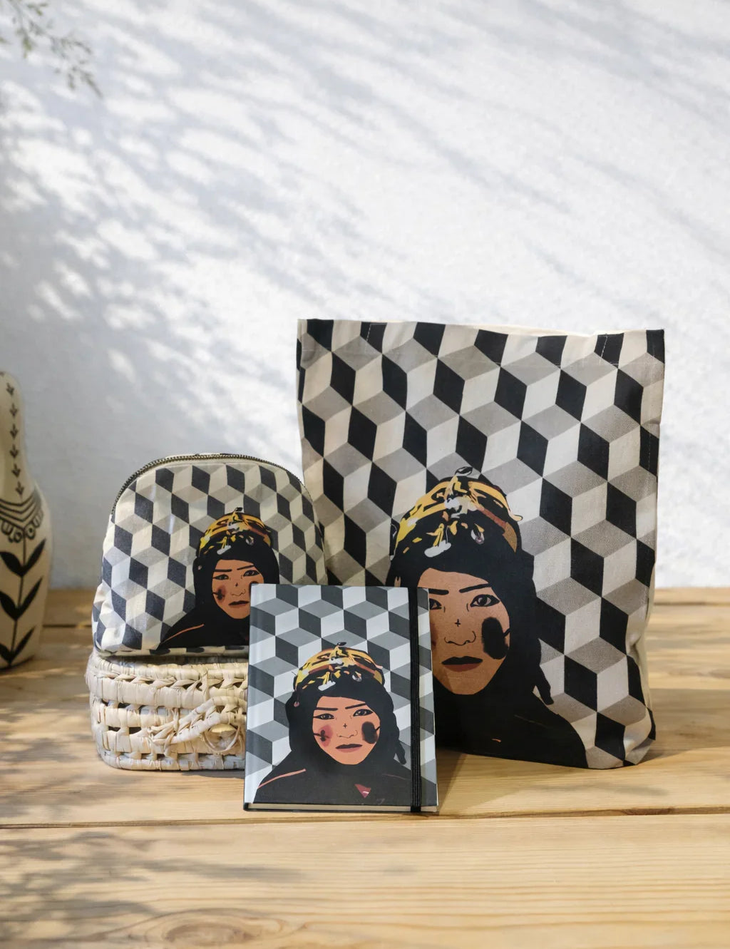 Ethnik Moroccan stationery and accessories set with geometric pattern and illustrated woman