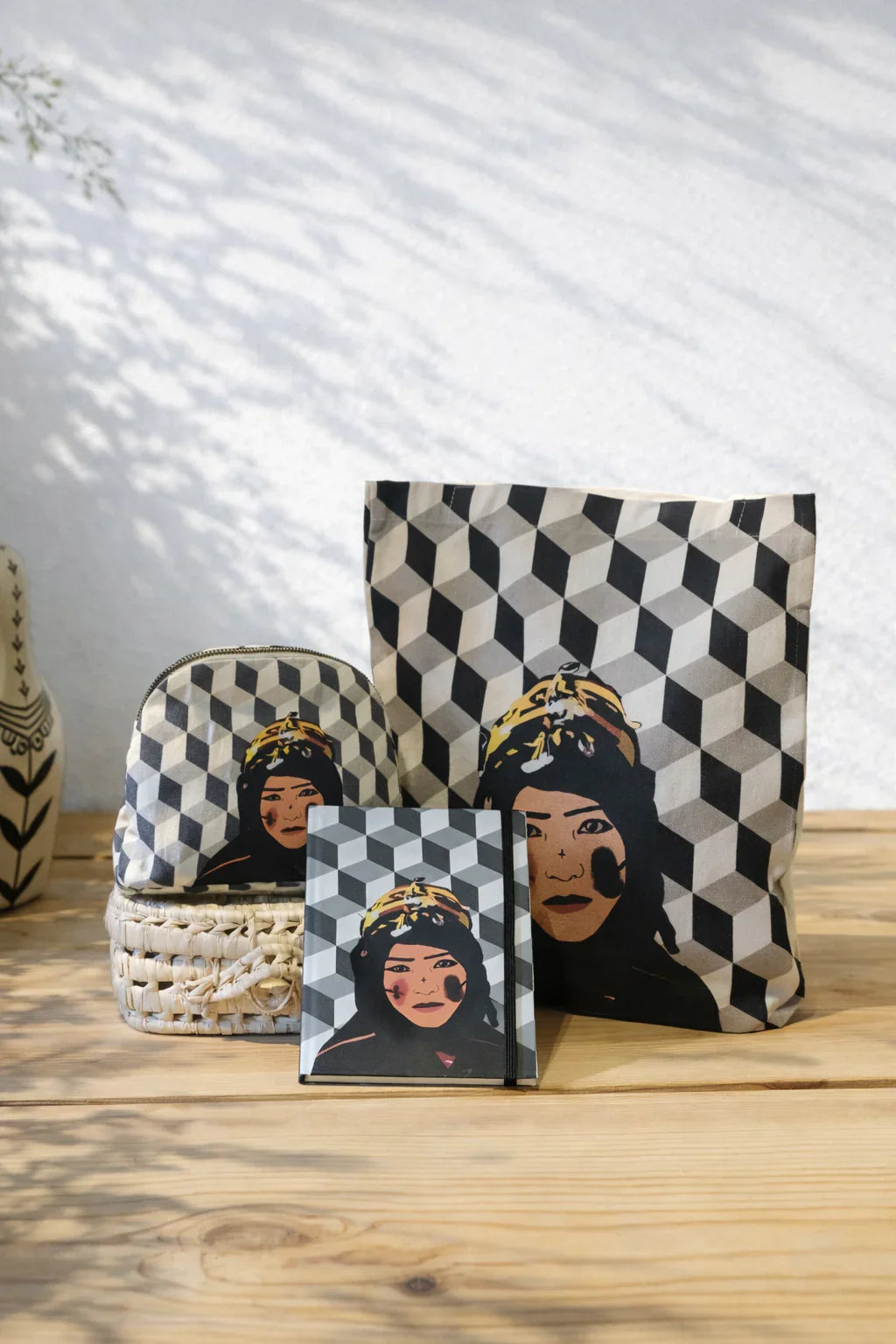 Ethnik Moroccan stationery and accessories set with geometric pattern and illustrated woman