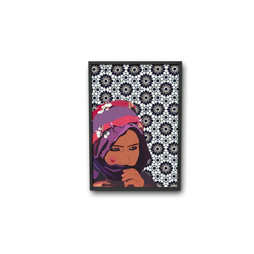 Moroccan art print of a woman in a purple headscarf with floral details and geometric background
