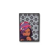 Moroccan art print of a woman in a purple headscarf with floral details and geometric background