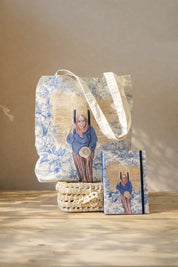 ethnik Moroccan tote bag and notebook with original woman illustration, floral pattern background