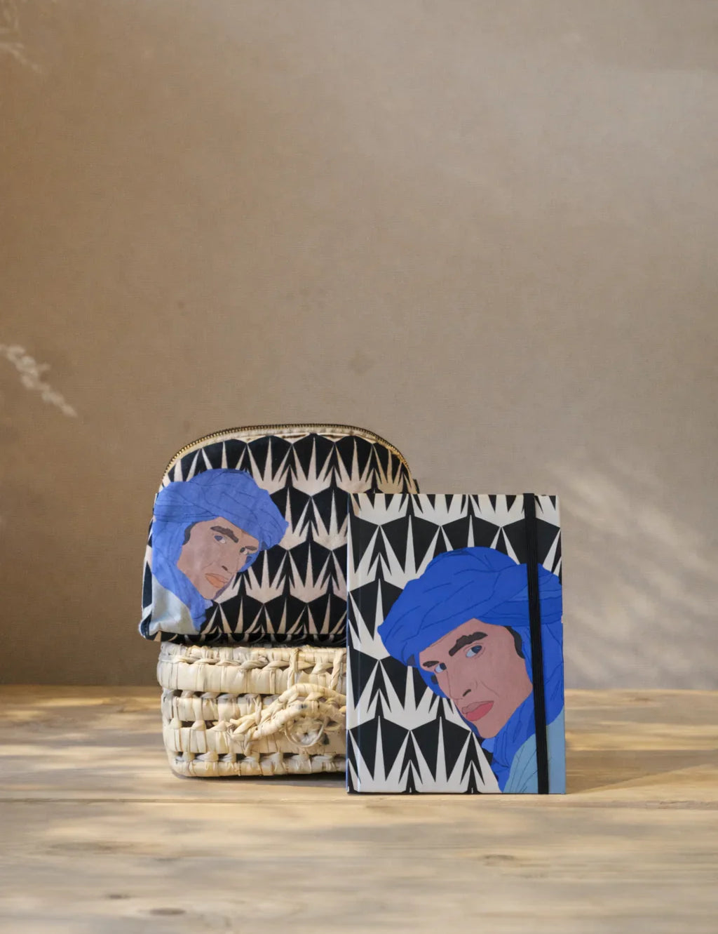Ethnik stationery and accessories with Moroccan illustration, notebook and pouch on table
