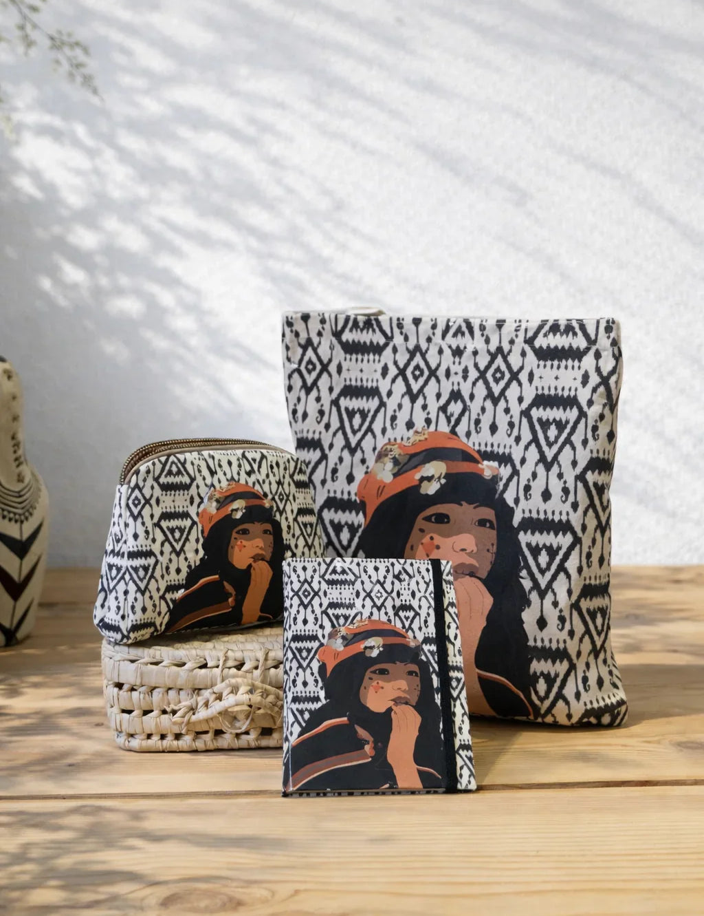 Ethnik Morocco stationery and accessories set with illustrated girl and tribal patterns on wooden table