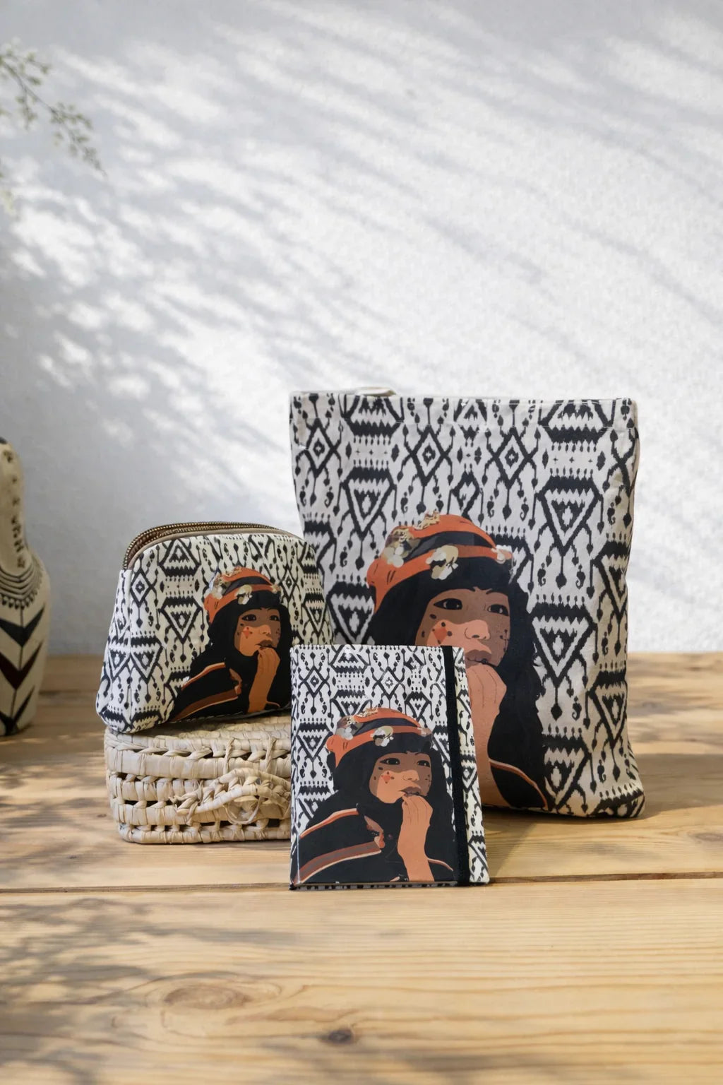 Ethnik Morocco stationery and accessories set with illustrated girl and tribal patterns on wooden table