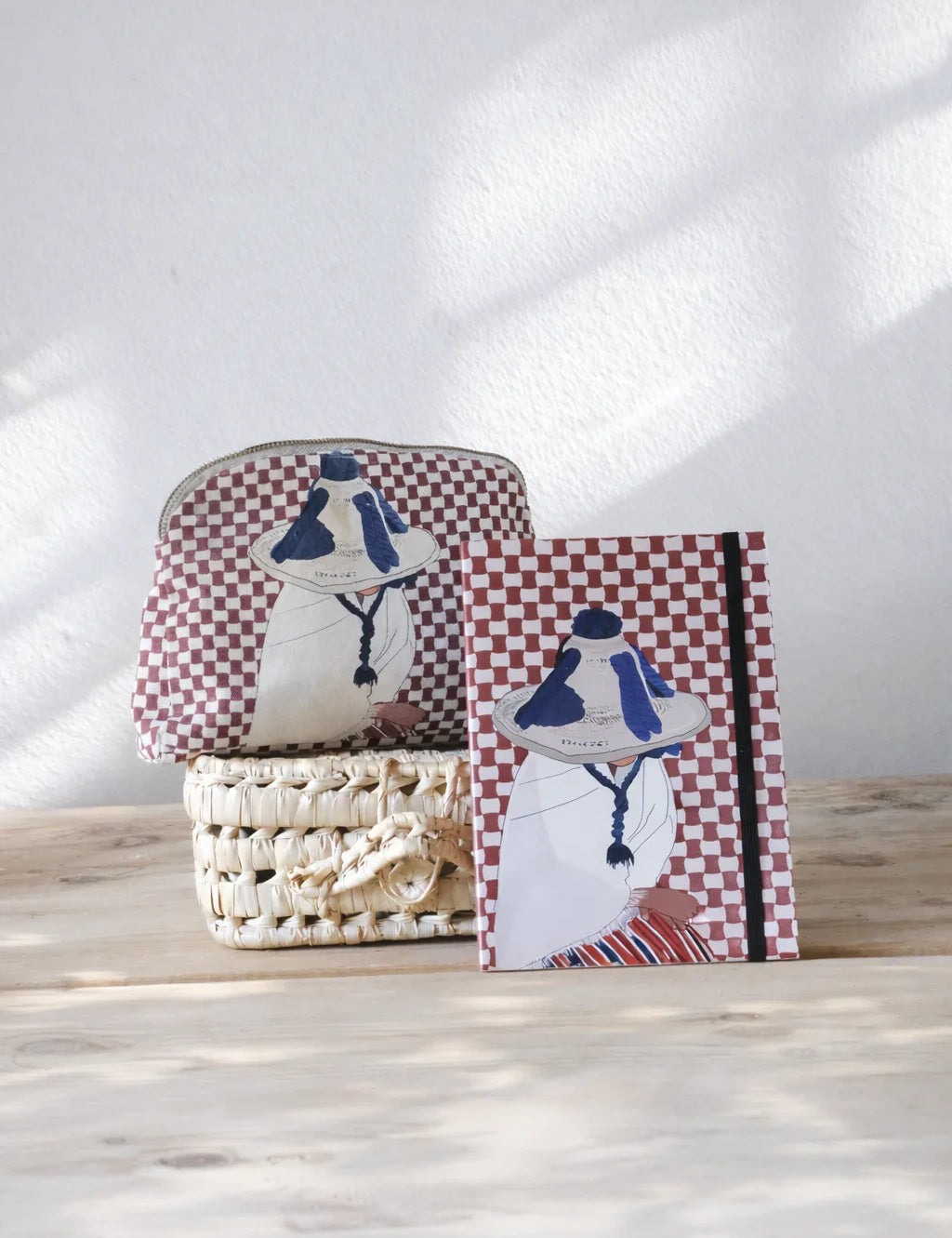 ethnik Moroccan stationery set with checkered pouch and illustrated notebook on woven basket