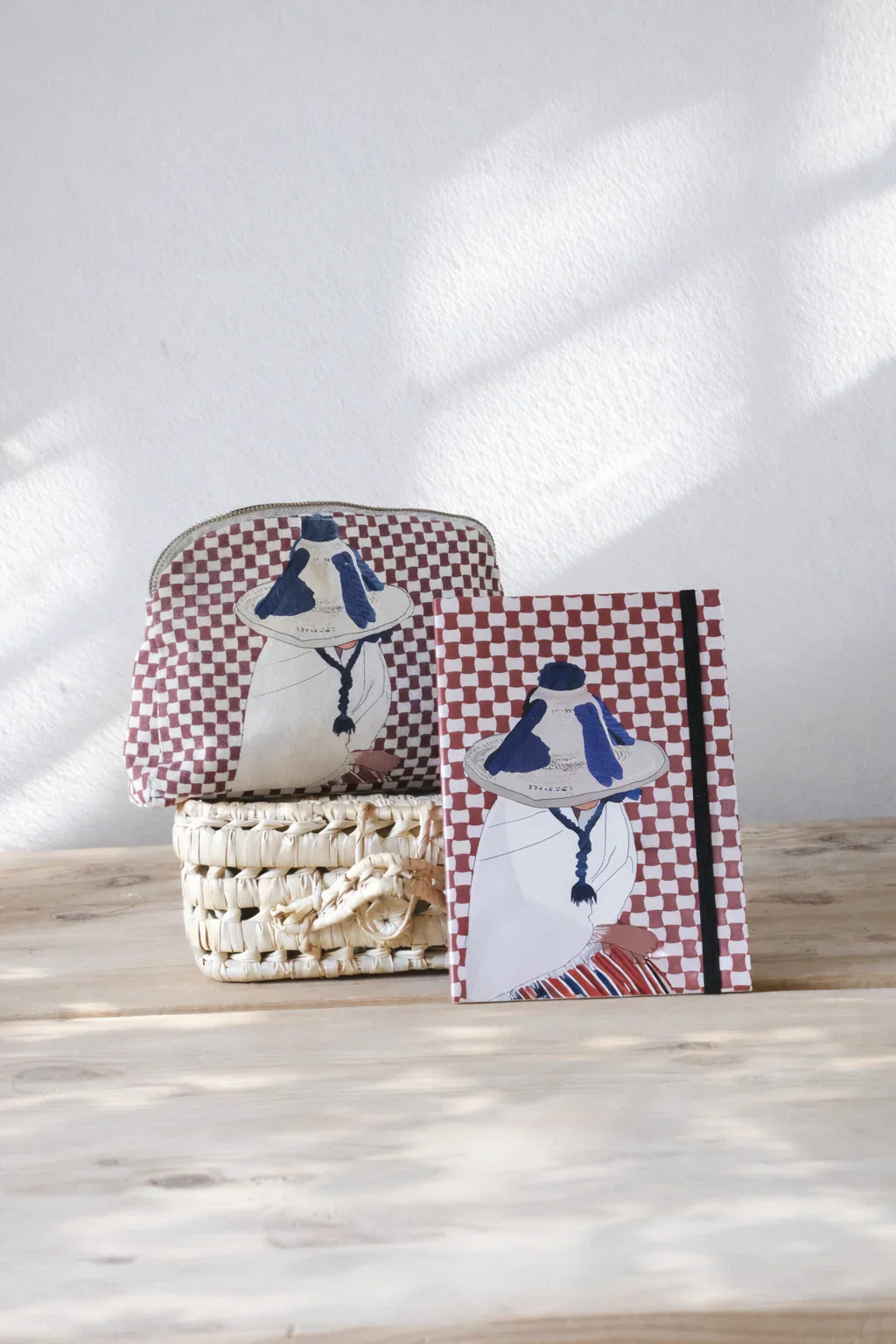 ethnik Moroccan stationery set with checkered pouch and illustrated notebook on woven basket