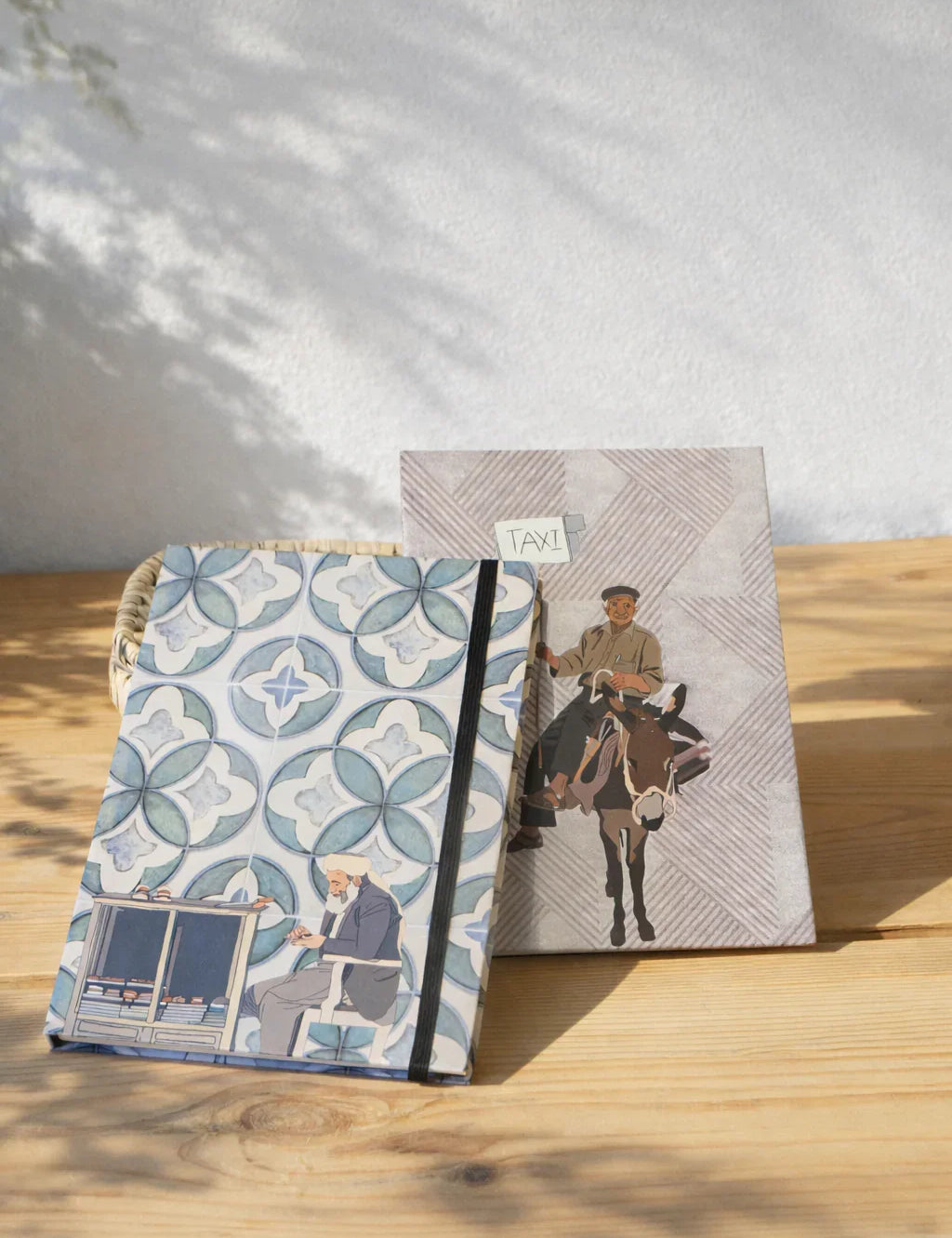 Ethnik Moroccan stationery notebooks with original illustrations on wood table