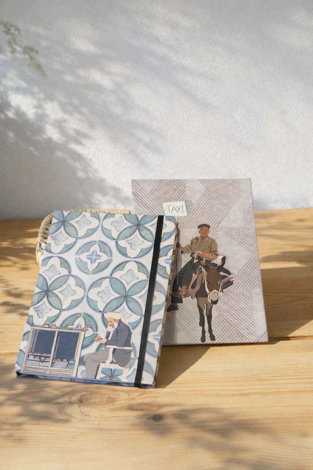 Ethnik Moroccan stationery notebooks with original illustrations on wood table