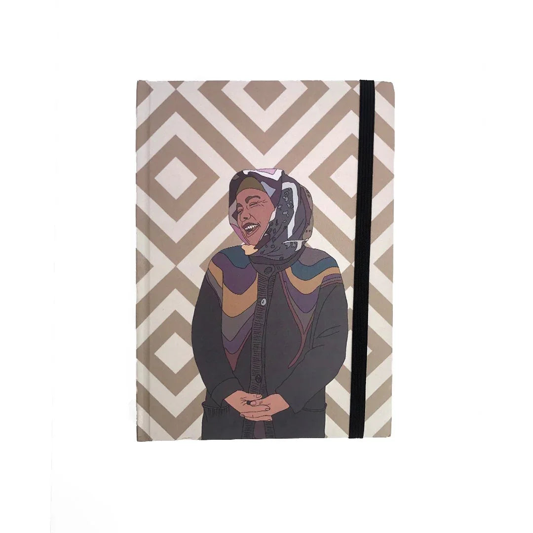 Ethnik Moroccan notebook with geometric cover and illustration of smiling woman in headscarf