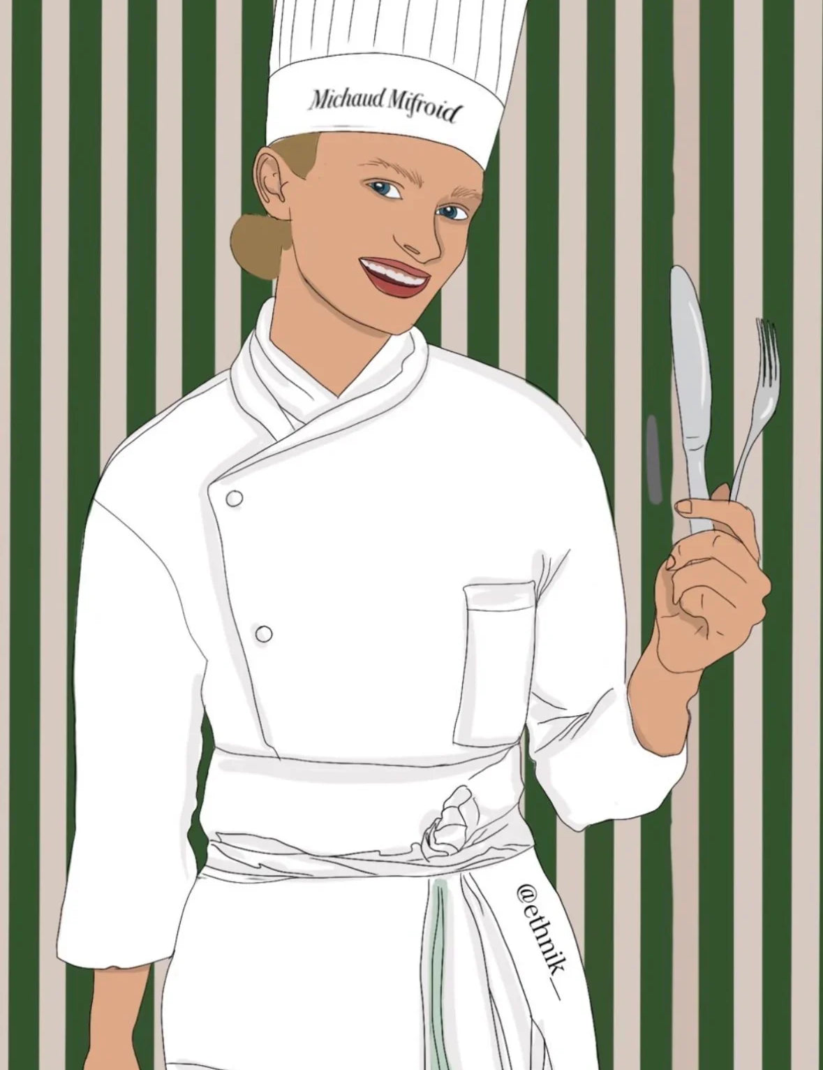 Illustrated female chef in white uniform and hat holding cutlery, striped background, ethnik design