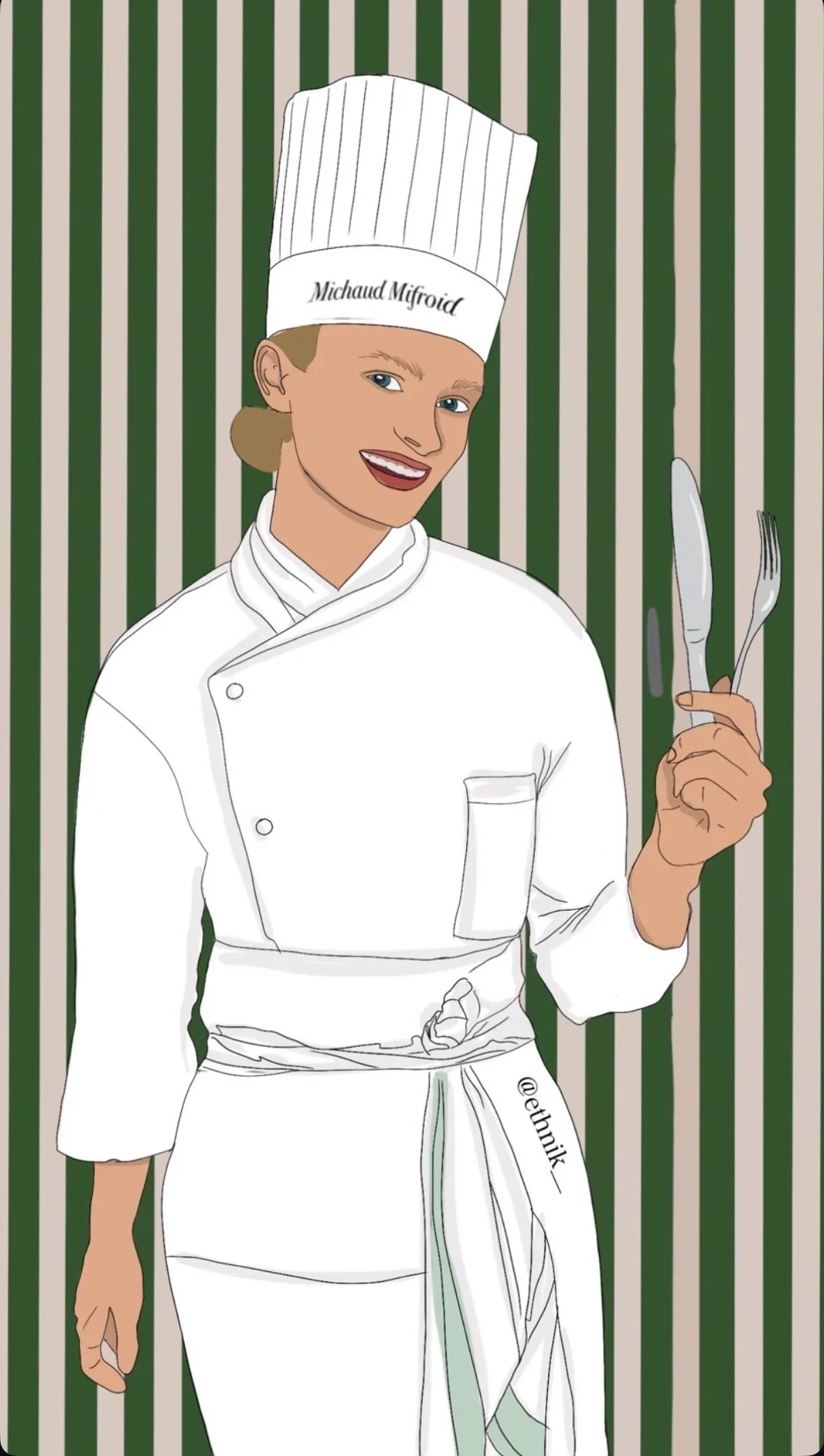 Illustrated female chef in white uniform and hat holding cutlery, striped background, ethnik design