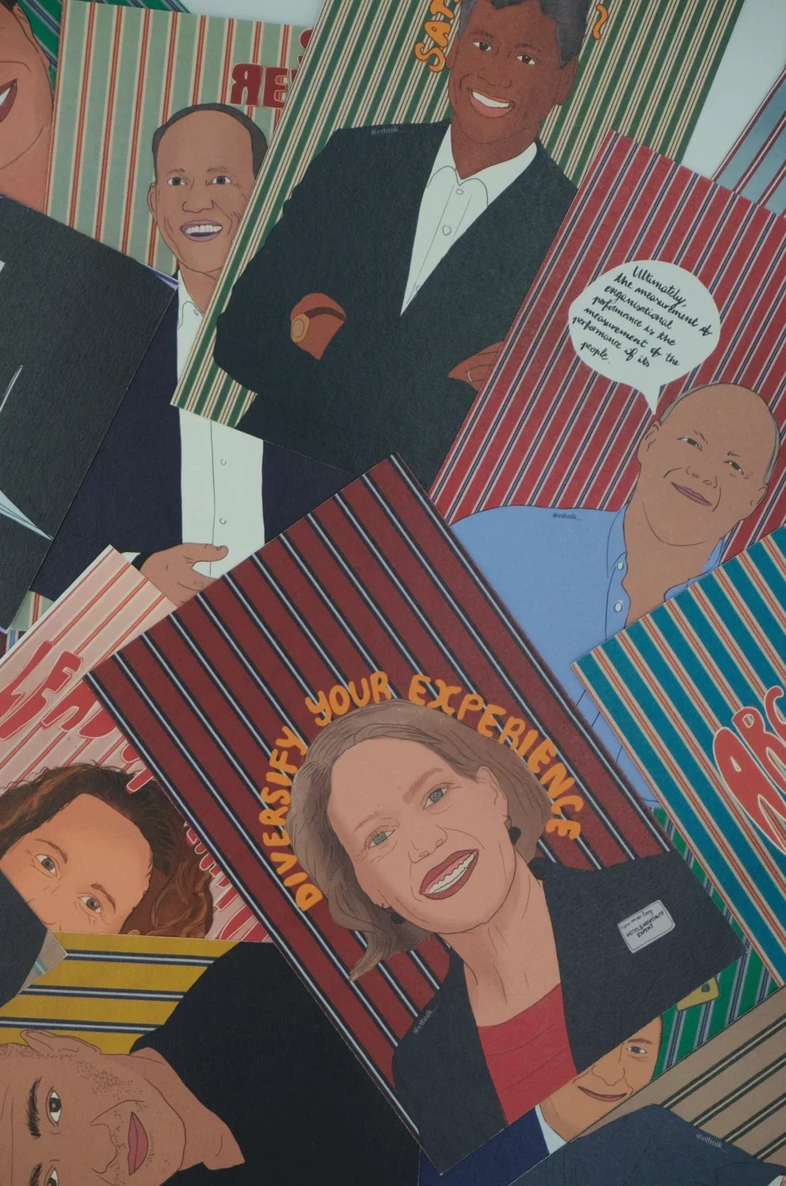 Ethnik stationery featuring illustrated portraits on colorful striped backgrounds, Morocco-inspired.