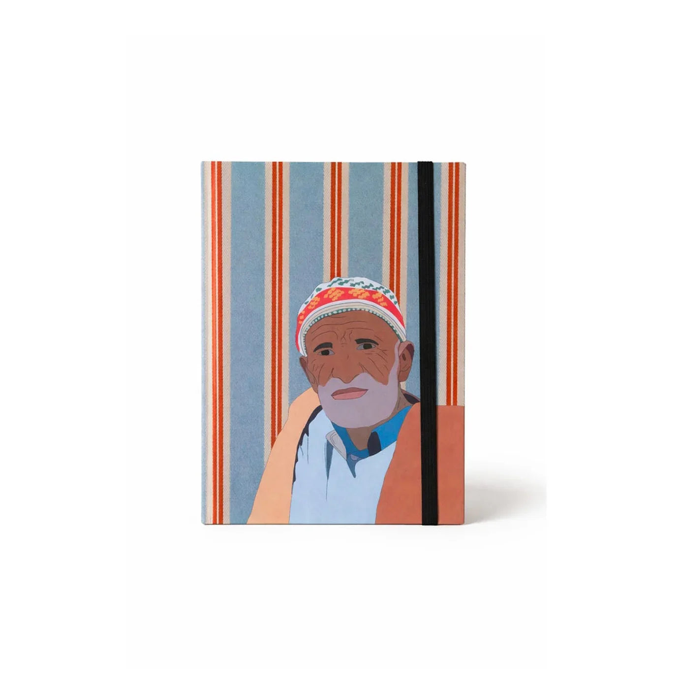 Ethnik Moroccan notebook with illustrated elderly man and striped background, stationery accessory