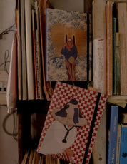 ethnik Moroccan illustrated stationery notebooks on vintage bookshelf, original designs