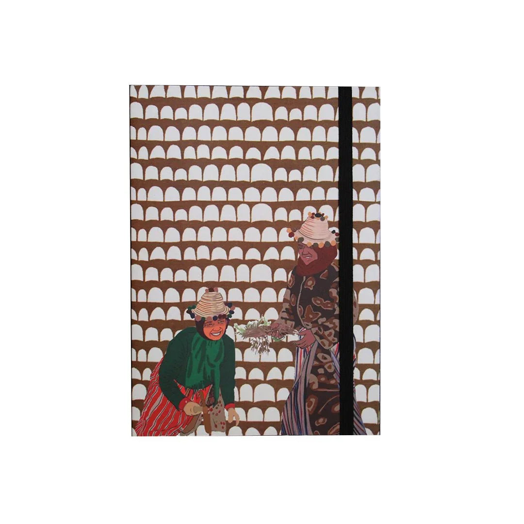 Ethnik stationery notebook with Moroccan women illustration and geometric brown pattern