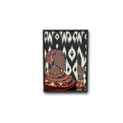 Ethnik art print of a woman in vibrant Moroccan jewelry, patterned background, ethnic illustration