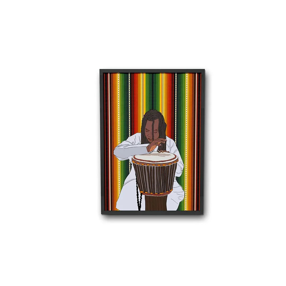 Moroccan art print of person playing djembe drum, colorful striped background, ethnik stationery