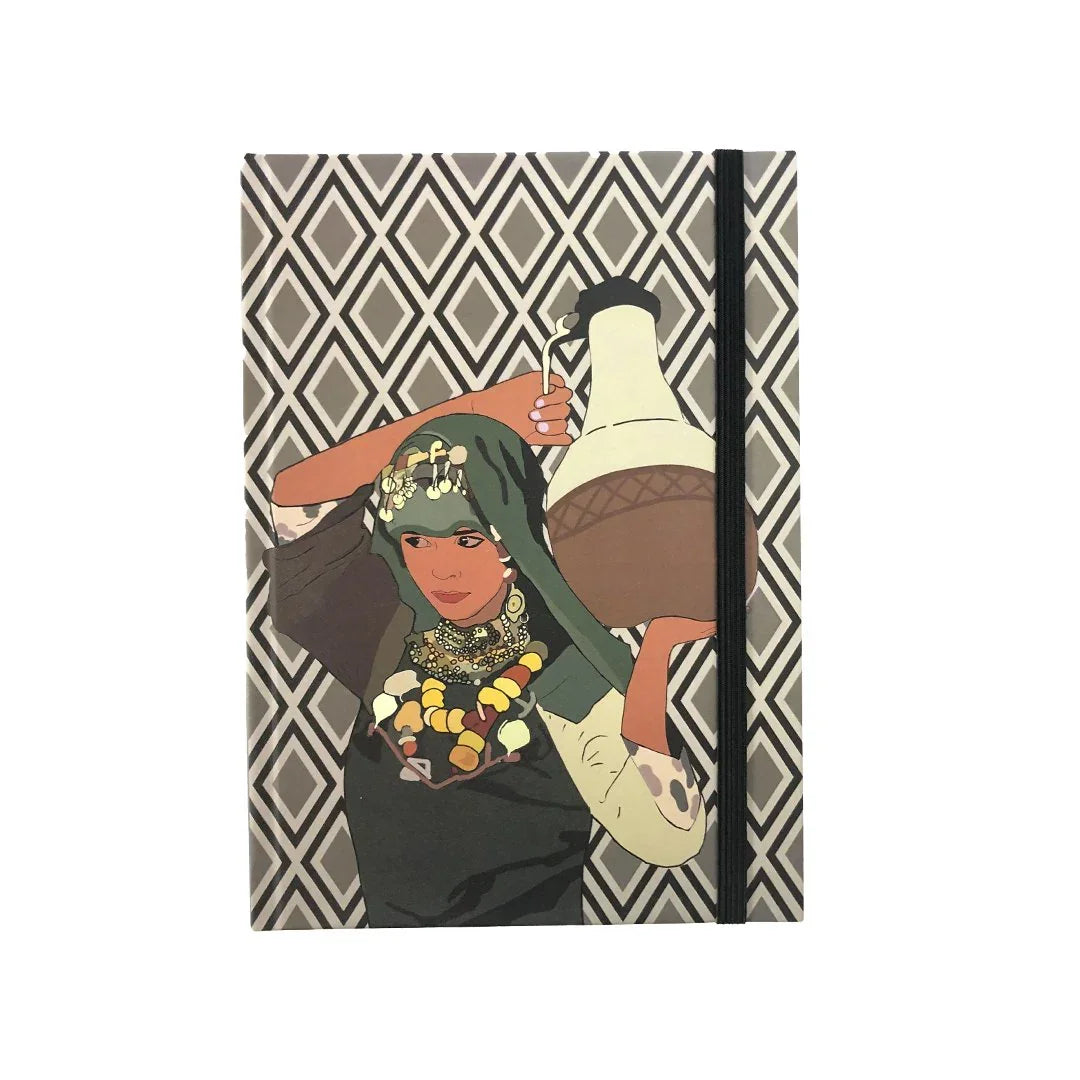 Moroccan illustrated notebook with geometric pattern, woman in traditional dress, ethnik stationery