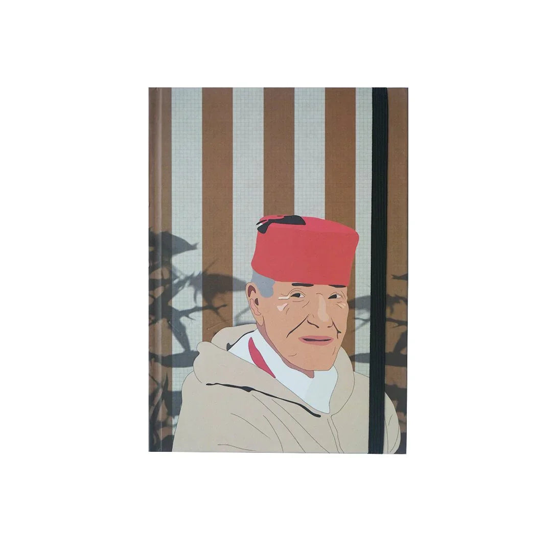 Ethnik notebook with Moroccan man illustration, brown striped cover, stationery design