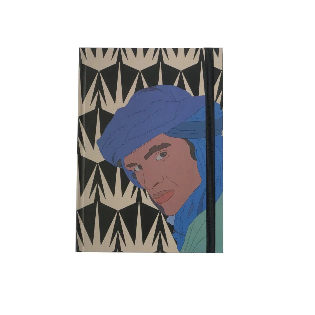 ethnik Moroccan notebook with illustrated man in blue turban on geometric cover design
