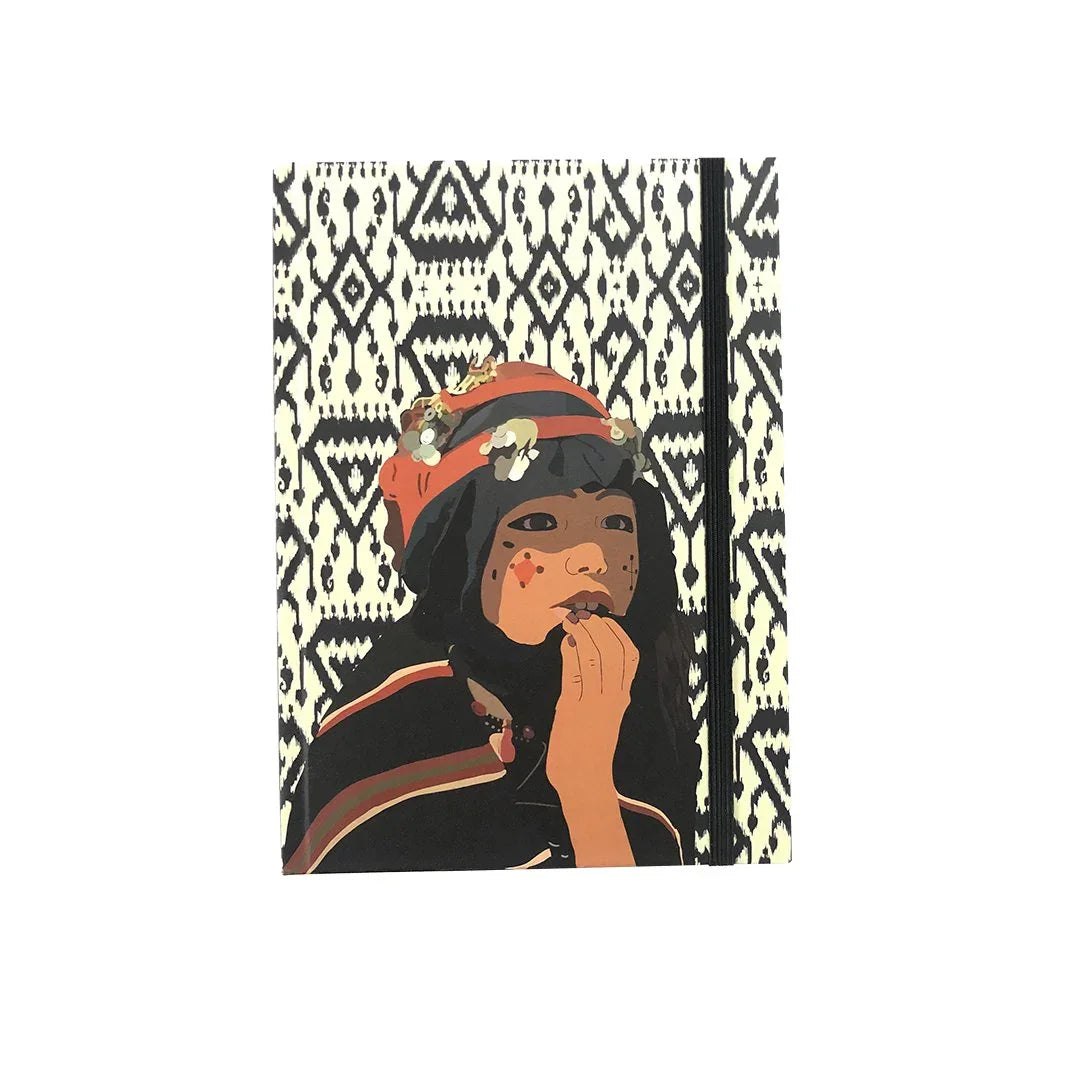 ethnik Moroccan notebook with illustrated girl in traditional attire on black and white pattern cover