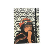 ethnik Moroccan notebook with illustrated girl in traditional attire on black and white pattern cover