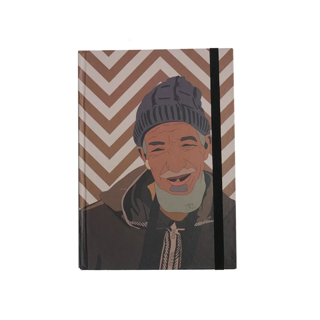 Ethnik stationery notebook with Moroccan man illustration and geometric brown zigzag pattern