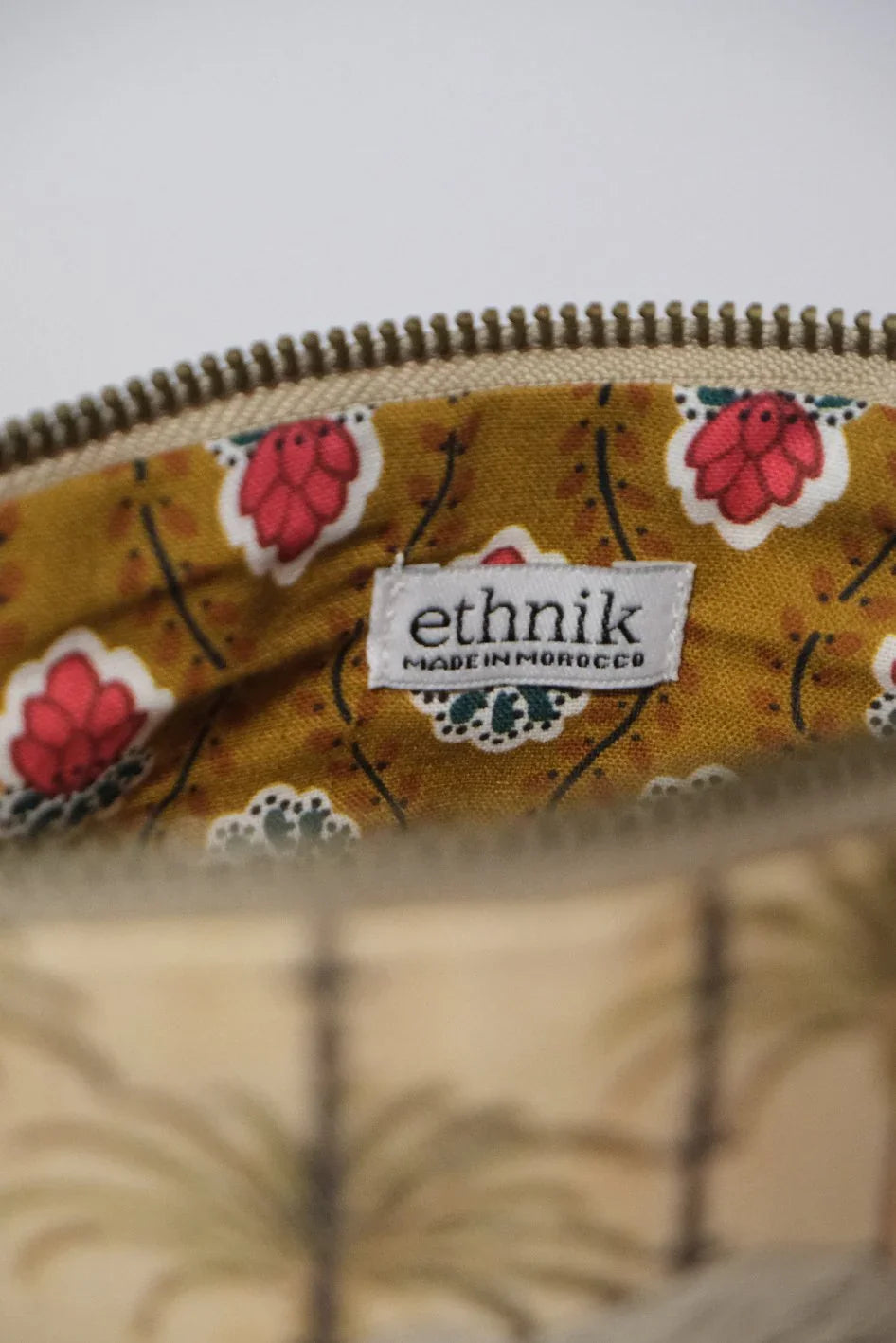 ethnik made in Morocco pouch with floral print lining and visible brand label