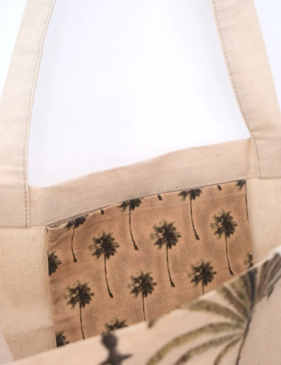 Ethnik Morocco tote bag with palm tree illustration and inner pocket detail