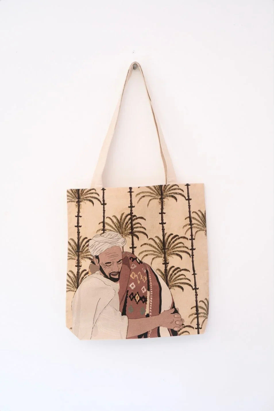 ethnik tote bag with Moroccan man illustration and palm tree background, handmade accessory