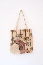ethnik tote bag with Moroccan man illustration and palm tree background, handmade accessory