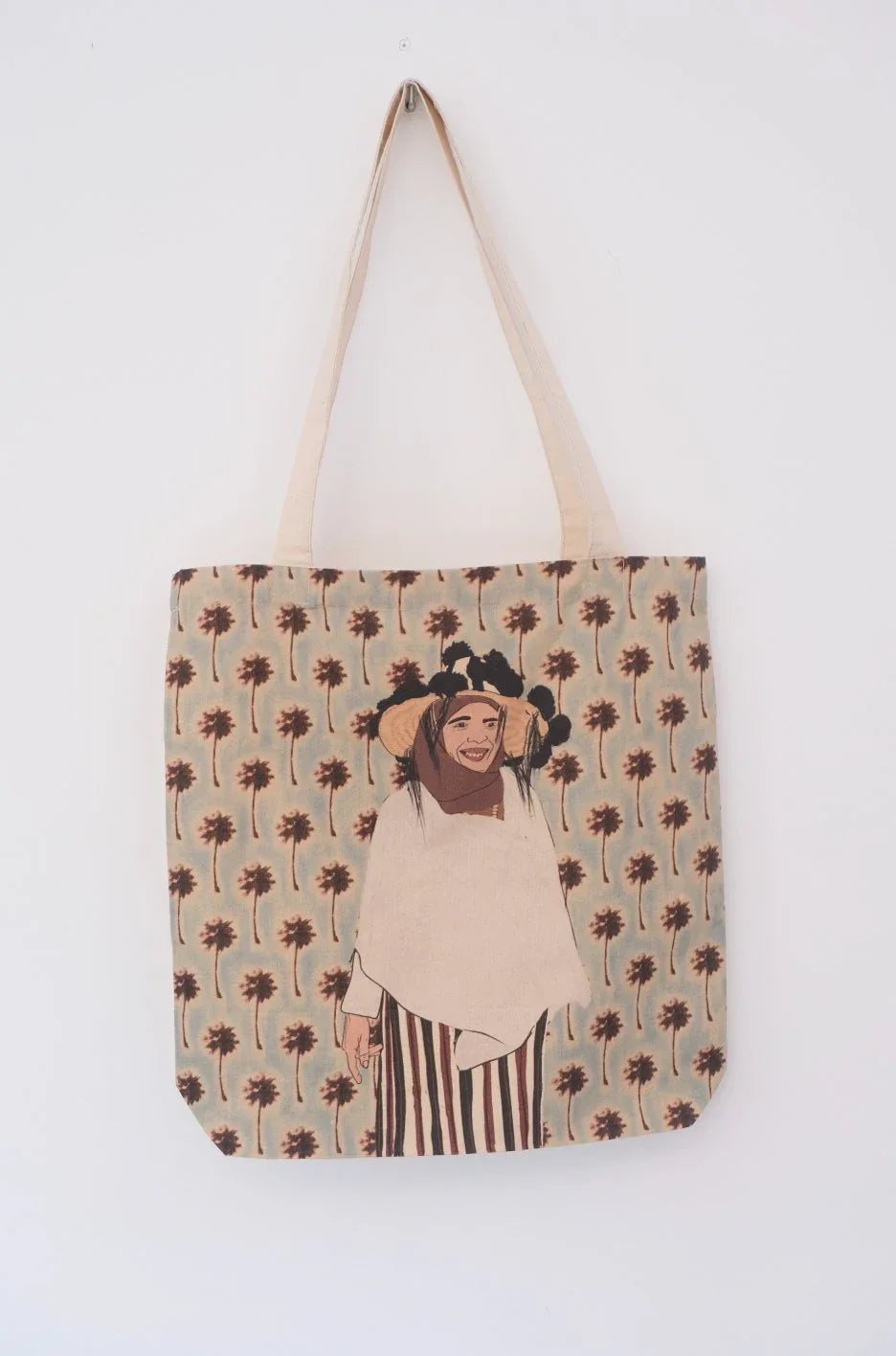 ethnik Moroccan tote bag with palm tree pattern and original illustration of woman