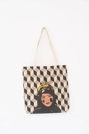 ethnik Moroccan tote bag with geometric pattern and illustrated woman, original accessories
