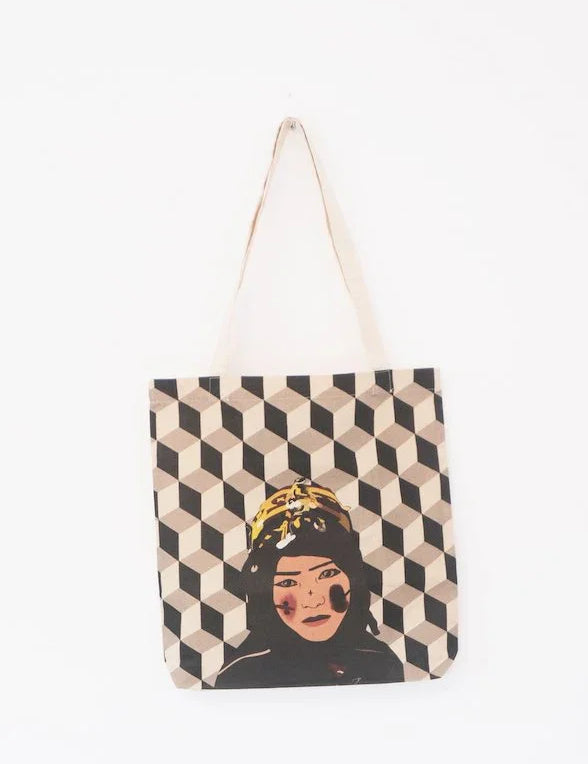 ethnik Moroccan tote bag with geometric pattern and illustrated woman, original accessories