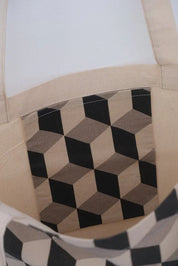 Ethnik canvas tote bag with geometric cube pattern pocket, Moroccan design