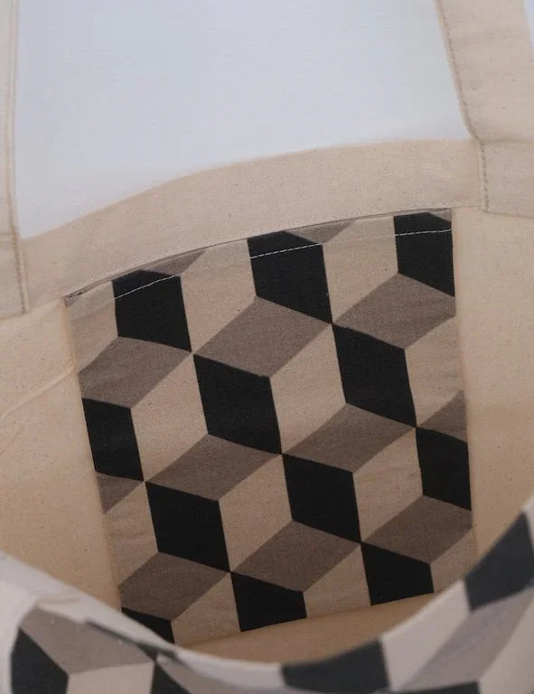 Ethnik canvas tote bag with geometric cube pattern pocket, Moroccan design