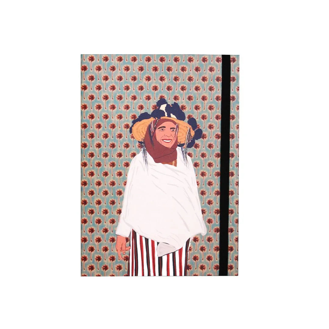 Moroccan woman illustration on ethnic patterned notebook cover, ethnik stationery accessory