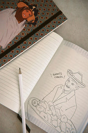 Ethnik Moroccan notebook with illustrated cover and open page with hand-drawn vendor sketch