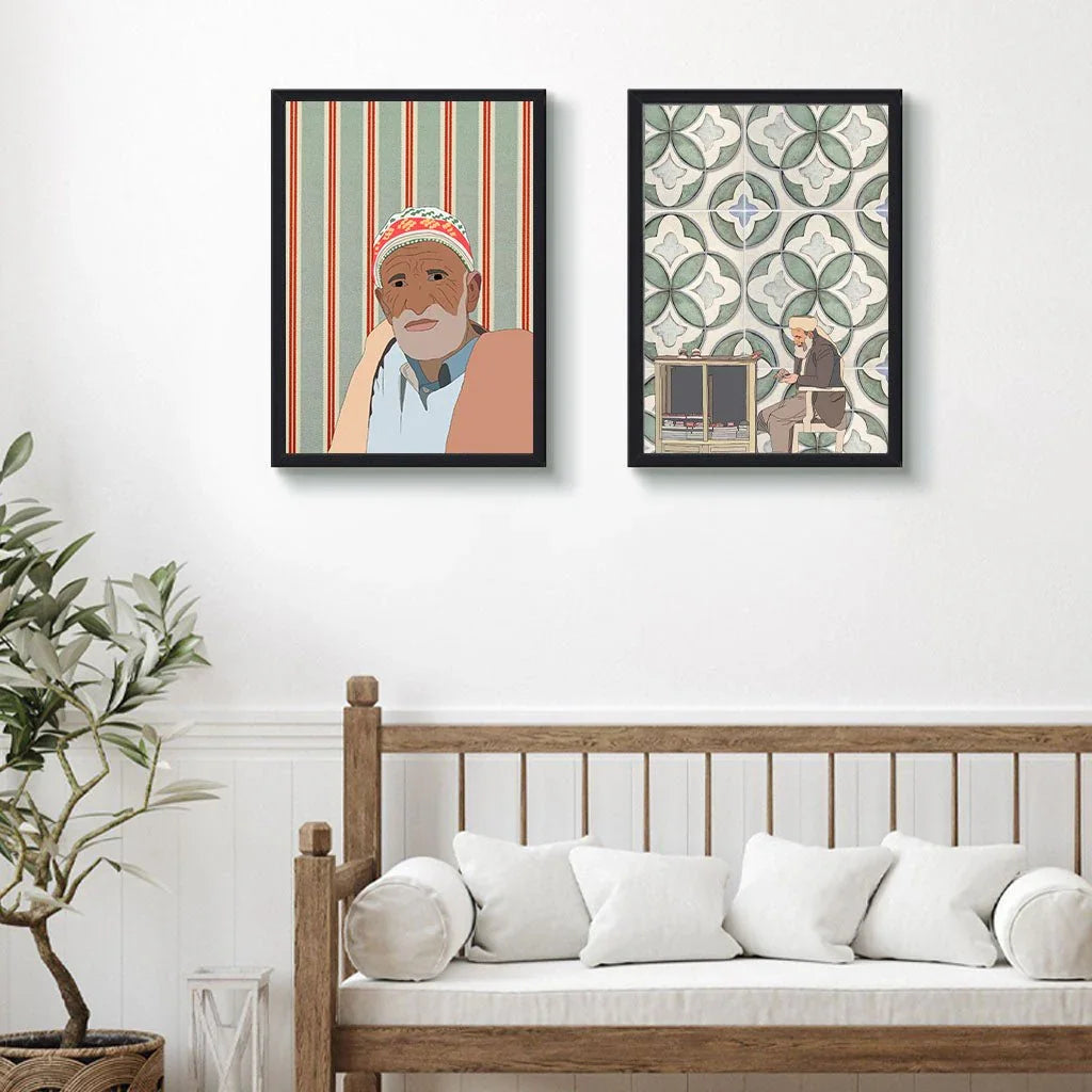 Moroccan style wall art with illustrated portraits above a wooden sofa, ethnic home decor