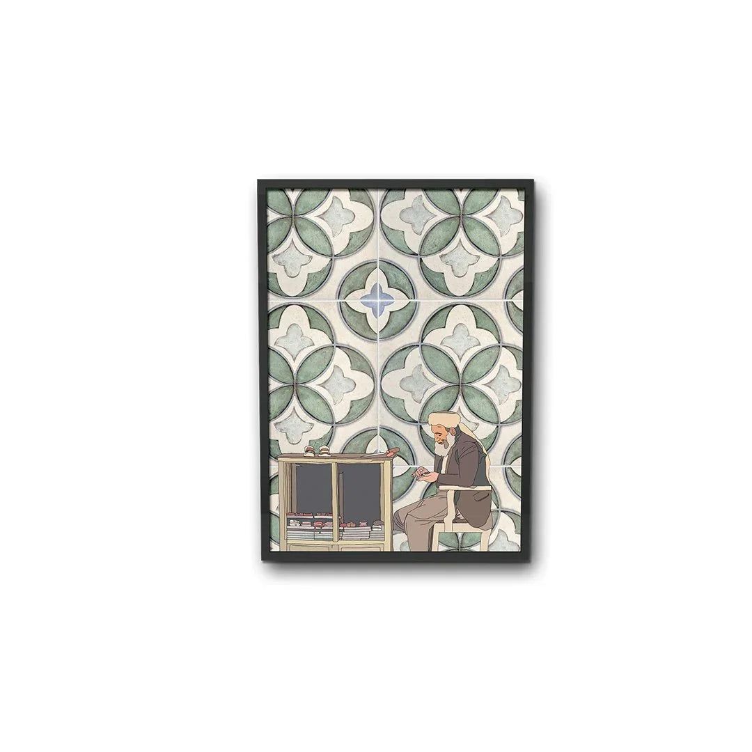 Moroccan artisan illustration with patterned tile background, ethnik stationery wall art