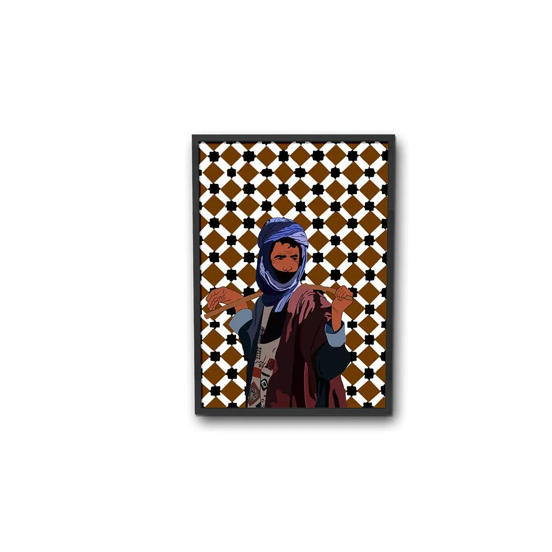 Moroccan man illustration with blue turban, geometric pattern background, ethnik stationery art